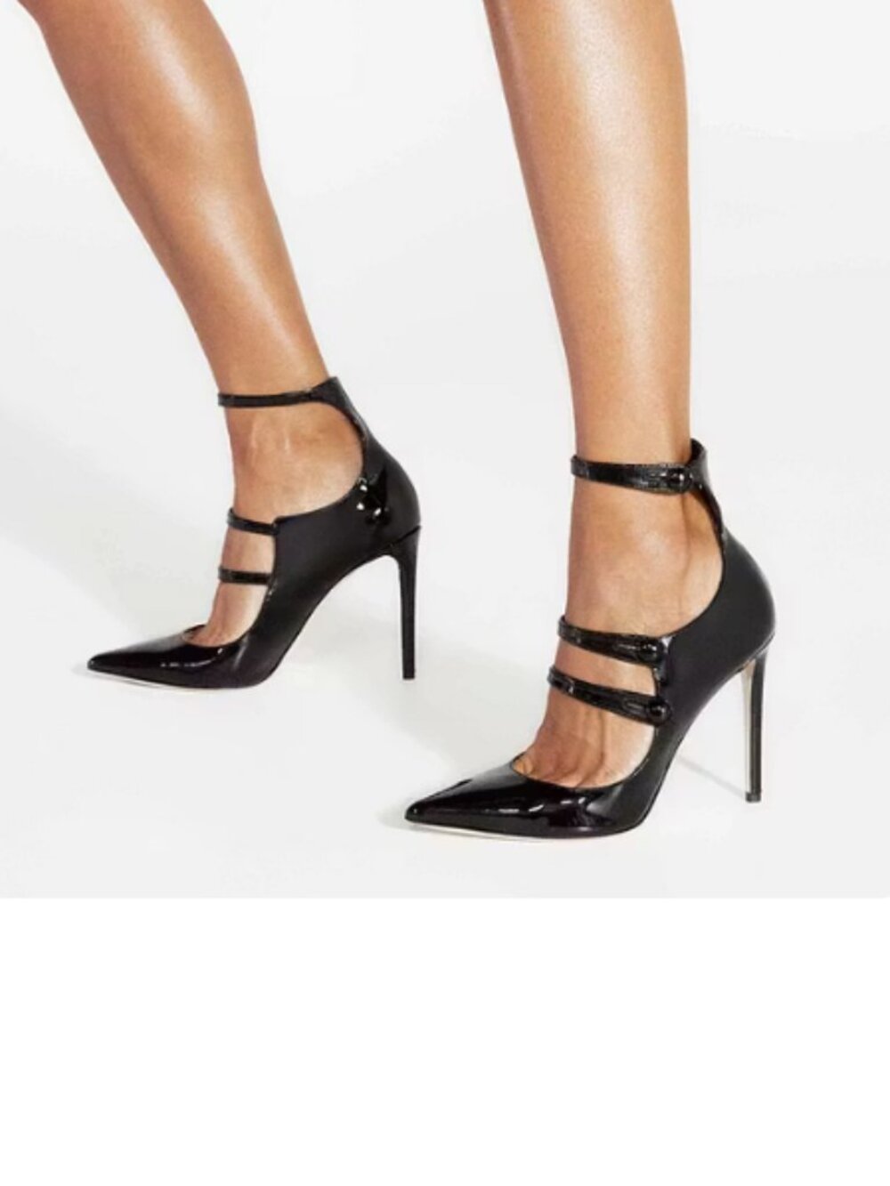 FSJ Black Women's Patent Leather Triple Strap Stilettos Pointed Toe Black Pumps